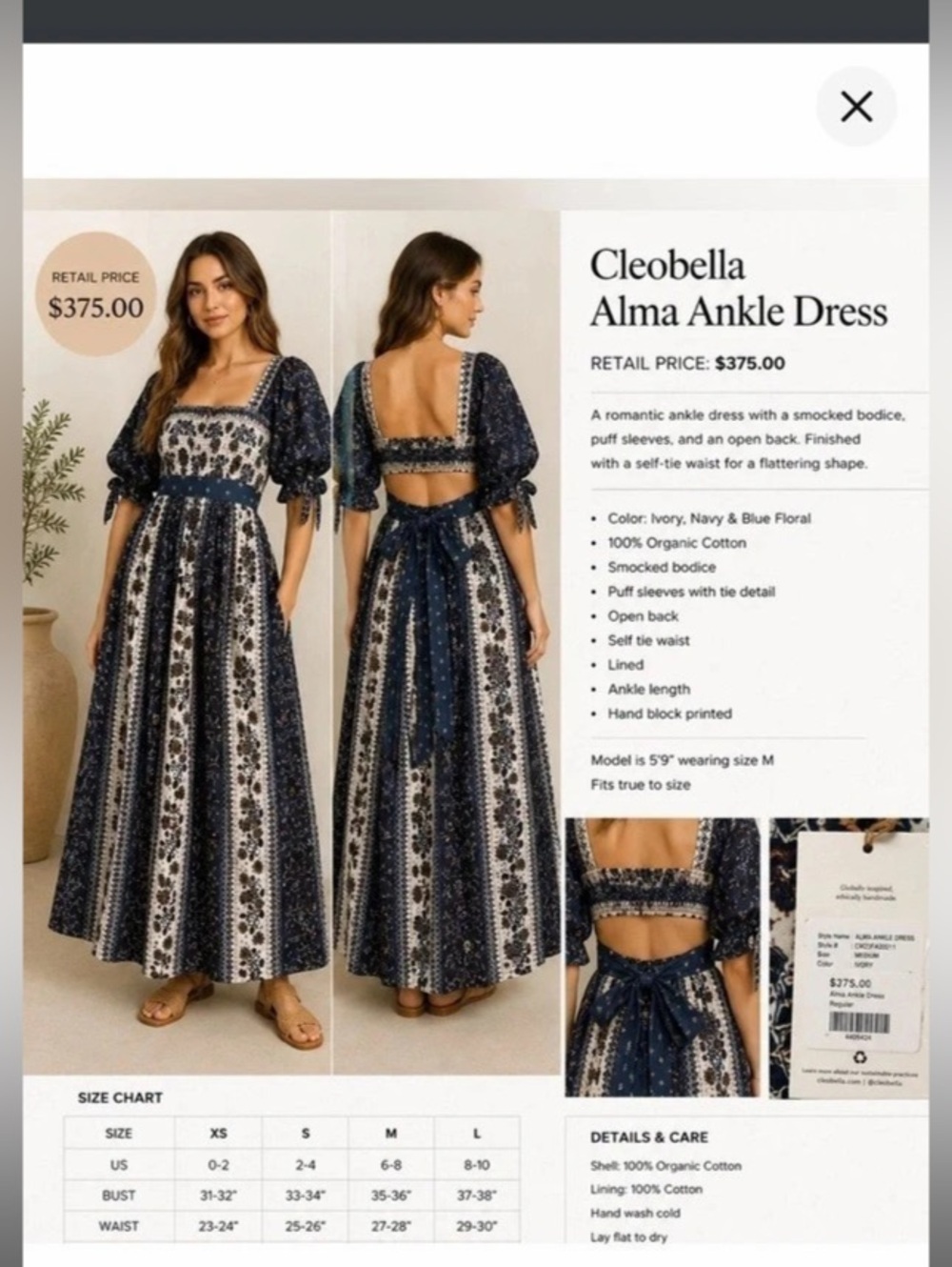 Cleobella Alma Ankle Dress Maxi Dress in Blue & White Size Large
